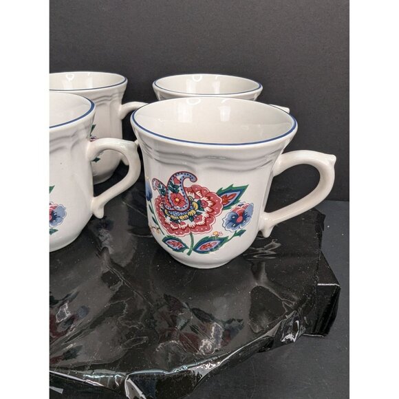 Tienshan Stoneware 2 Sided Floral Cup w/Blue Rim 8 Oz Replacement Lot of 4 - Picture 3 of 8
